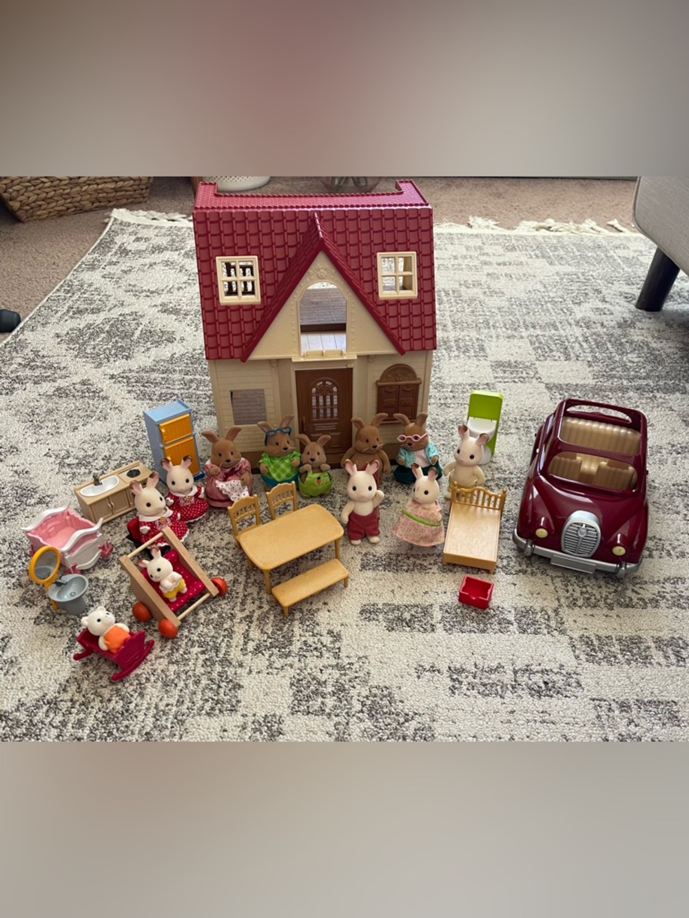 Vintage Sylvanian Families Calico Critters Red Roof Cozy Cottage, Car, Rabbits